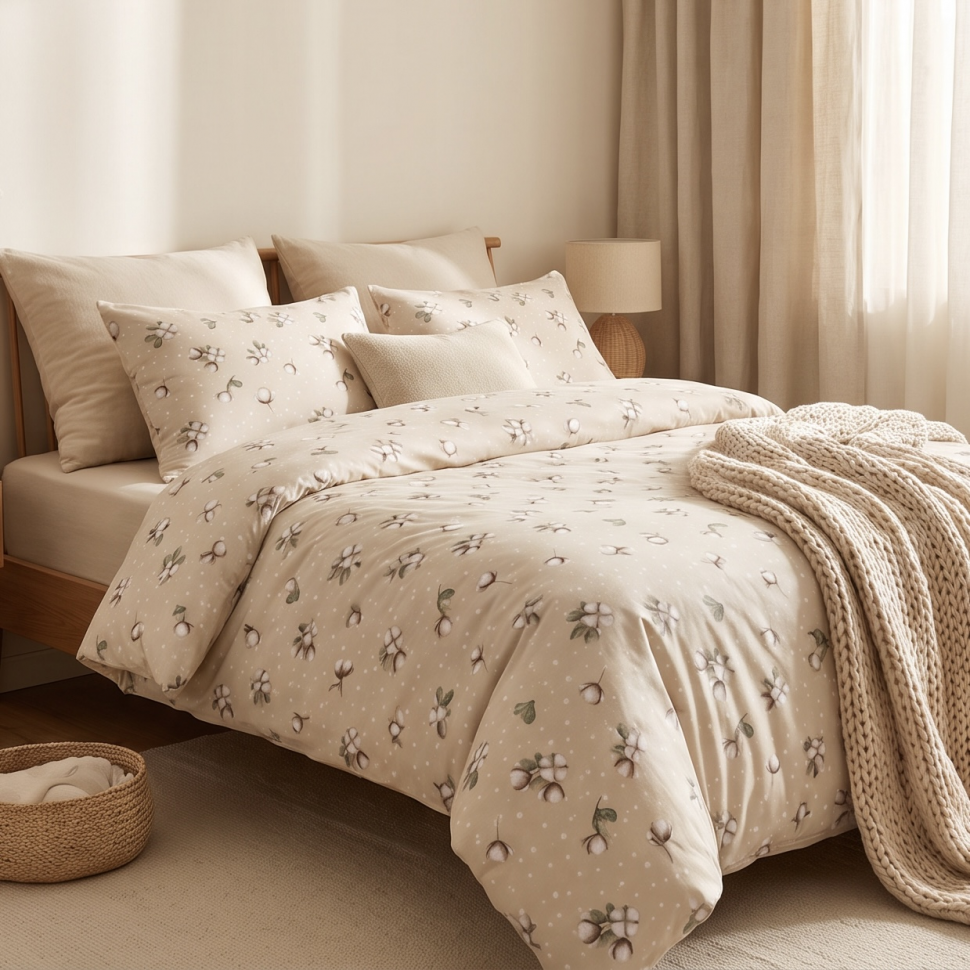 Фланель WH - №30094/31 Квітка бавовни фон бежевий