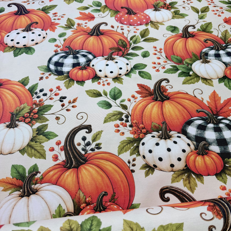 Тефлоновая ткань FREEDOM - 5D Стильные тыквы фон белый
